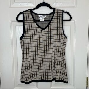 Exclusively Misook Petite Sleeveless Grid Print Knit Shell Top Black & Beige M